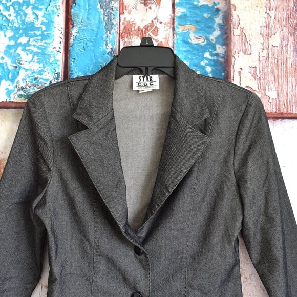 Women's STAR CCC Button Blazer Collared V-Neck Shoulder Pads MEDIUM Dark Gray - Picture 2 of 10